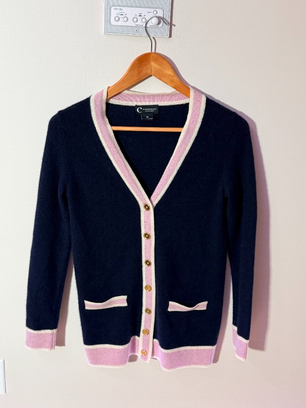 C by Bloomingdale's 100% Cashmere Cardigan Navy Pink Tipped Gold Buttons XS